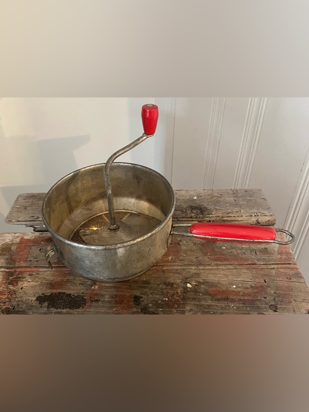 Vintage Foley Food Mill Red Handle Hand Crank Strainer Sieve Kitchen Tool